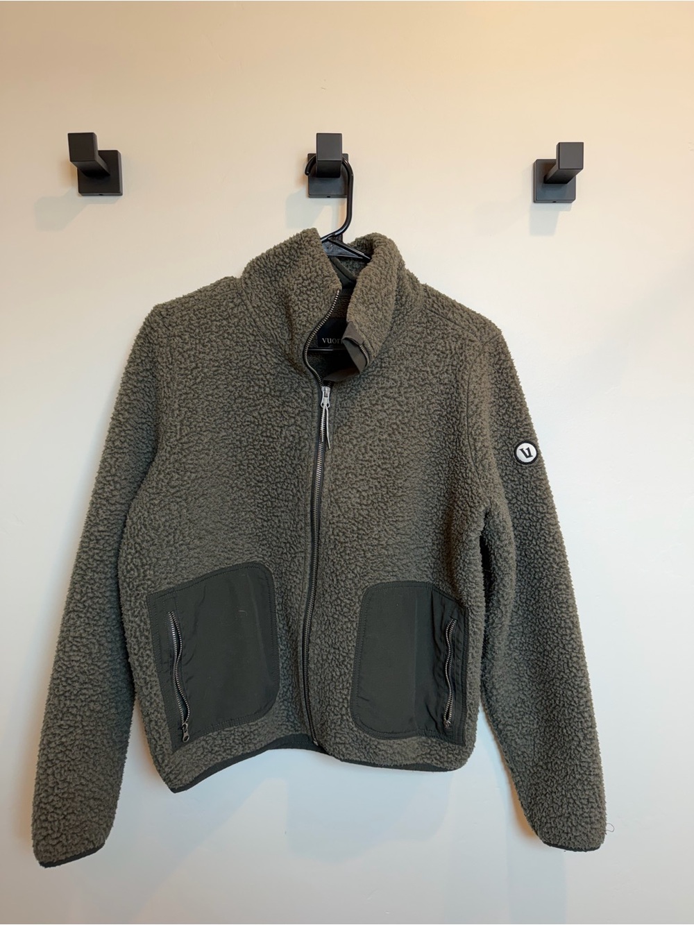 Vuori Olive Green Sherpa Zip Hoodie with Contrasting Pocket Trim - Picture 2 of 4